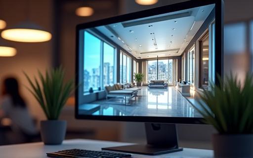 コンピュータ画面に表示されたインテリアのフォトリアルな3Dレンダリング